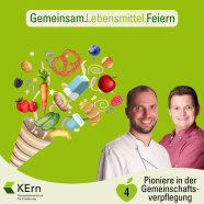 Füllhorn mit Lebensmitteln und Fotos von Gästen der vierten Podcast-Folge Gemeinsam.Lebensmittel.Feiern